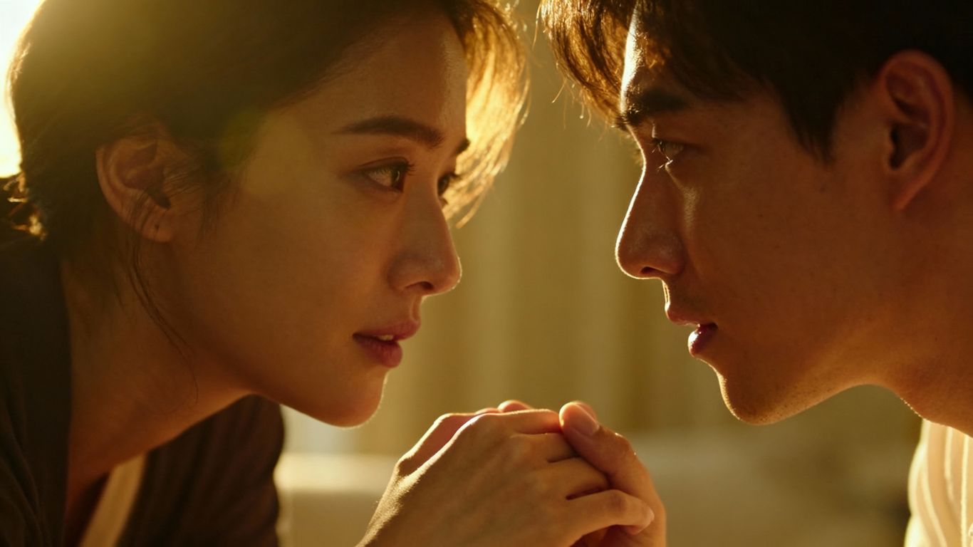 Couple communicating intimately, hands touching, warm lighting.