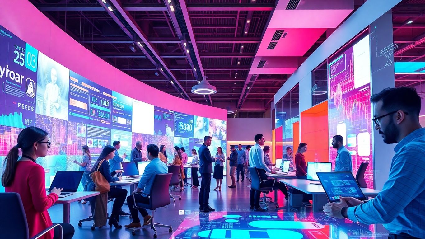 Team working with holographic technology in modern office