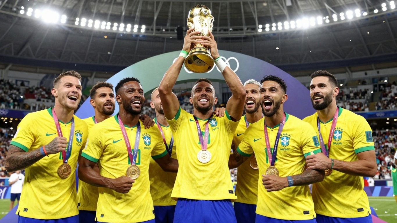 Brazil wins Olympic soccer gold medal, celebrating with trophy.