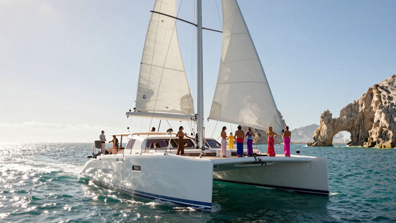Luxury catamaran sailing in Cabo San Lucas for bachelorette party.