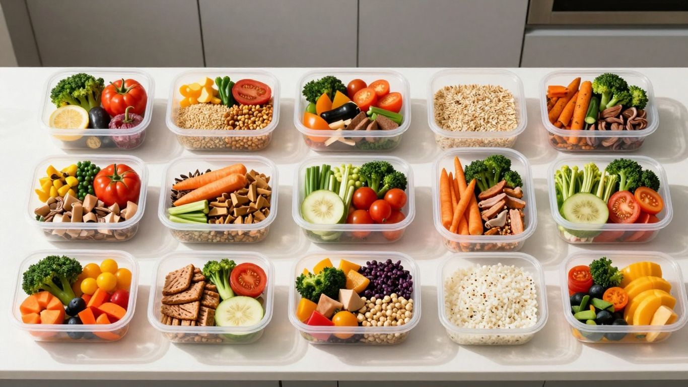 Vorbereitete Mahlzeiten in Behältern, bereit zur Lagerung.