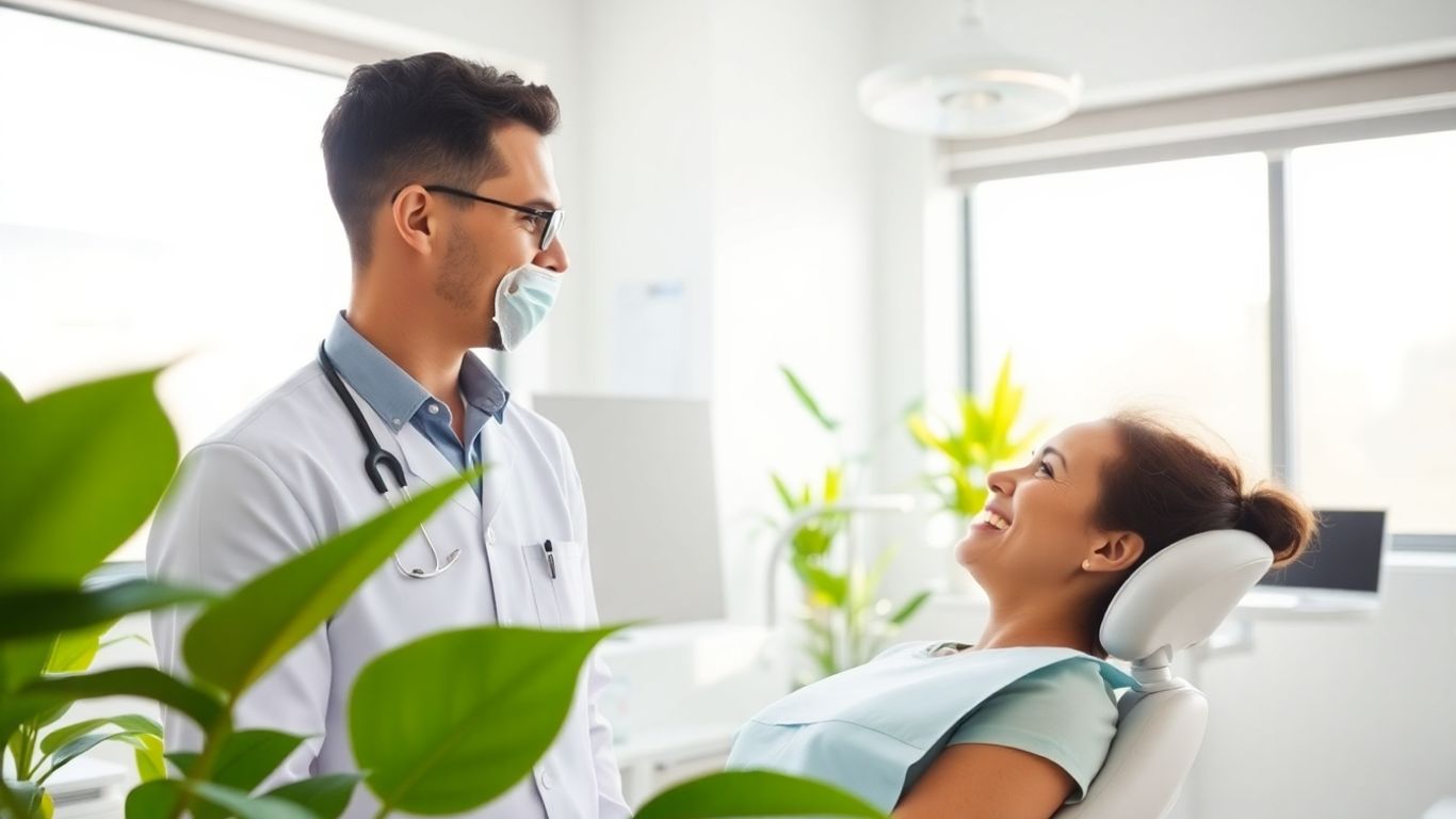 Dentist and patient smiling in a modern dental office.