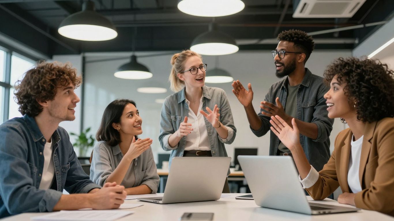 Entrepreneurs collaborating in a modern office, looking ahead.
