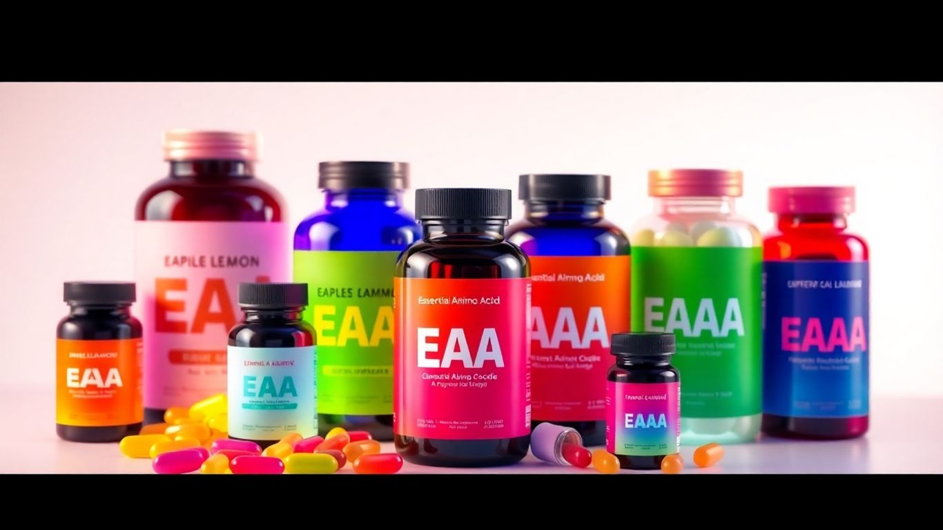 Essential amino acid supplements in bottles and capsules.