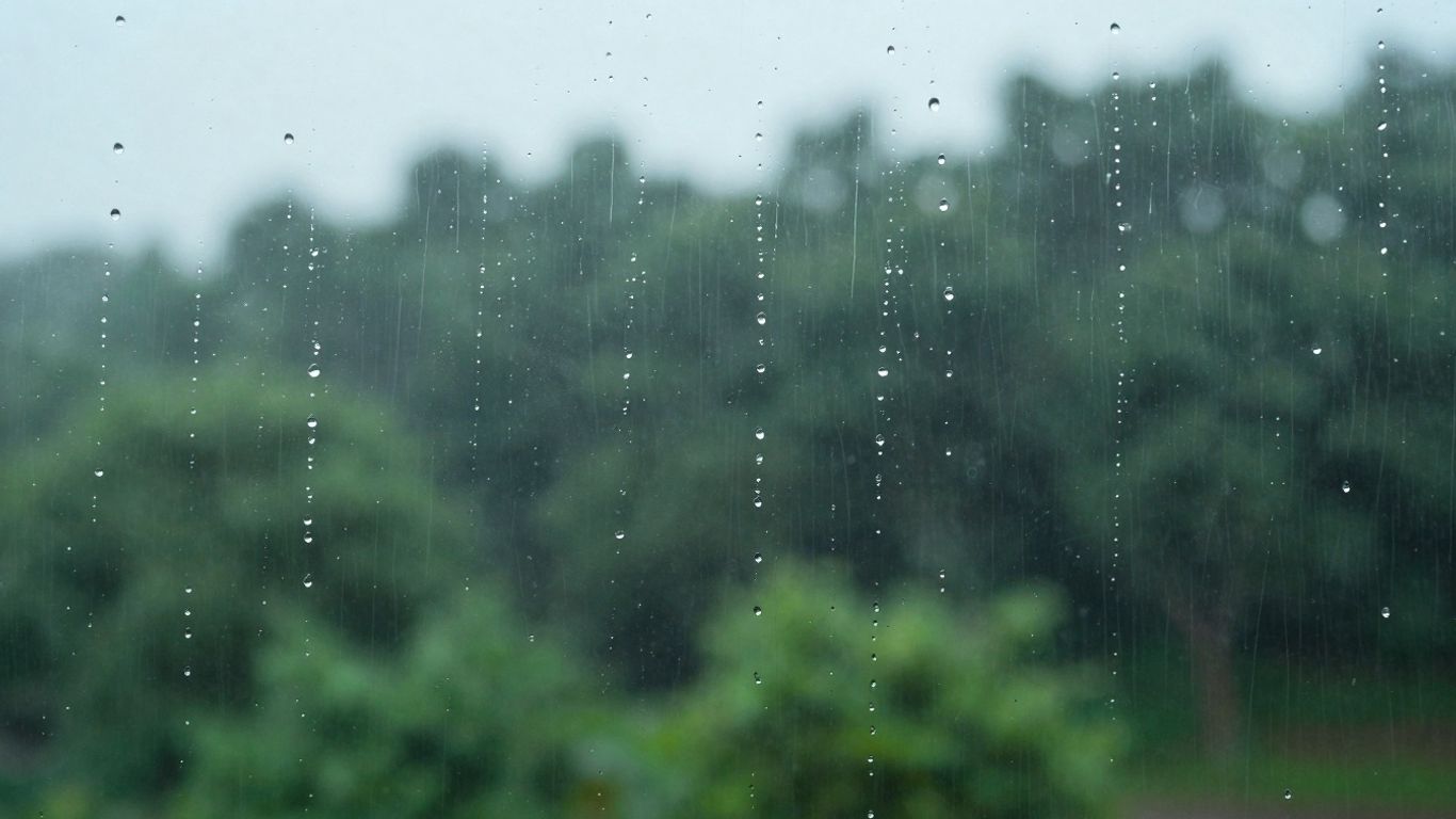 Raindrops on a window overlooking a forest.