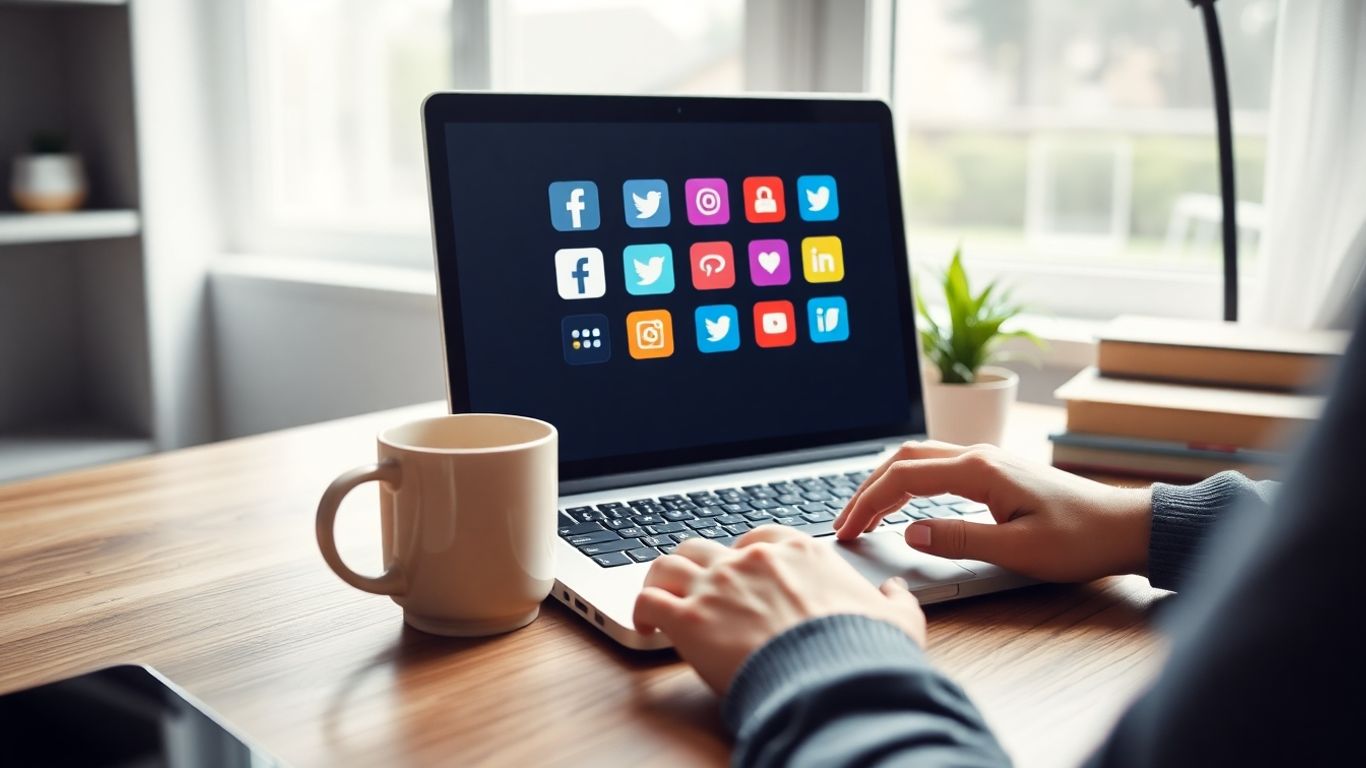 Person managing social media on a laptop.