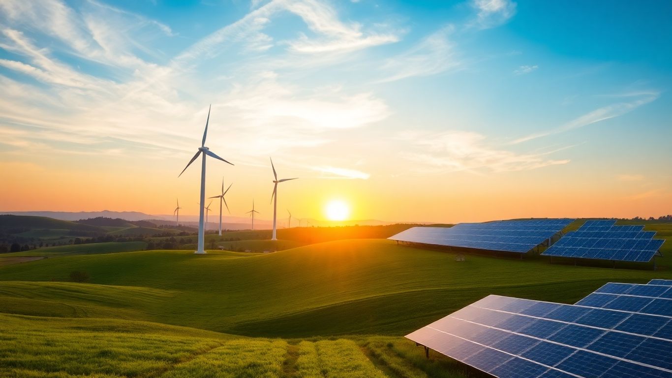 Renewable energy diagram with wind turbines and solar panels.
