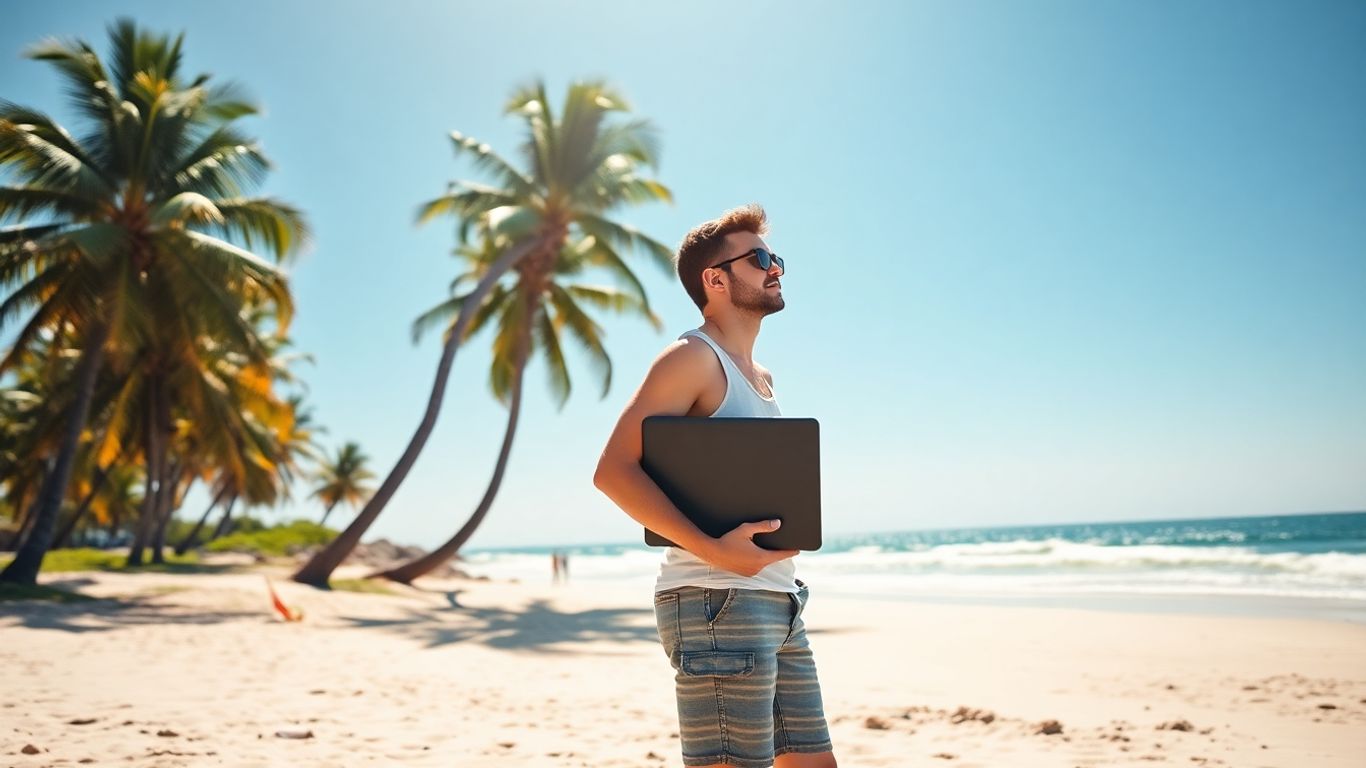 Person on Australian beach with laptop.