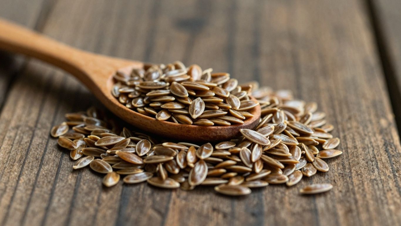 Flax seeds in a pile with a wooden spoon.