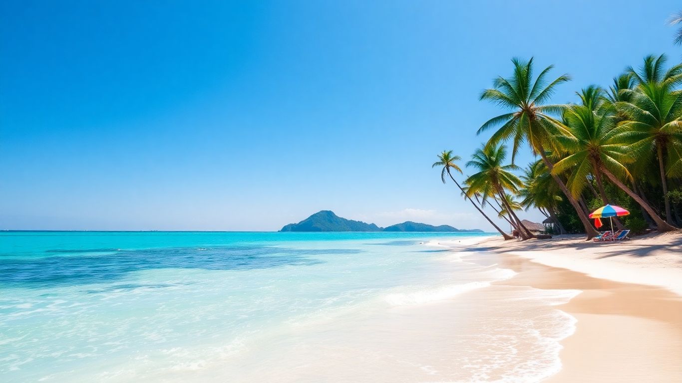 Tropical beach with palm trees and clear blue water.
