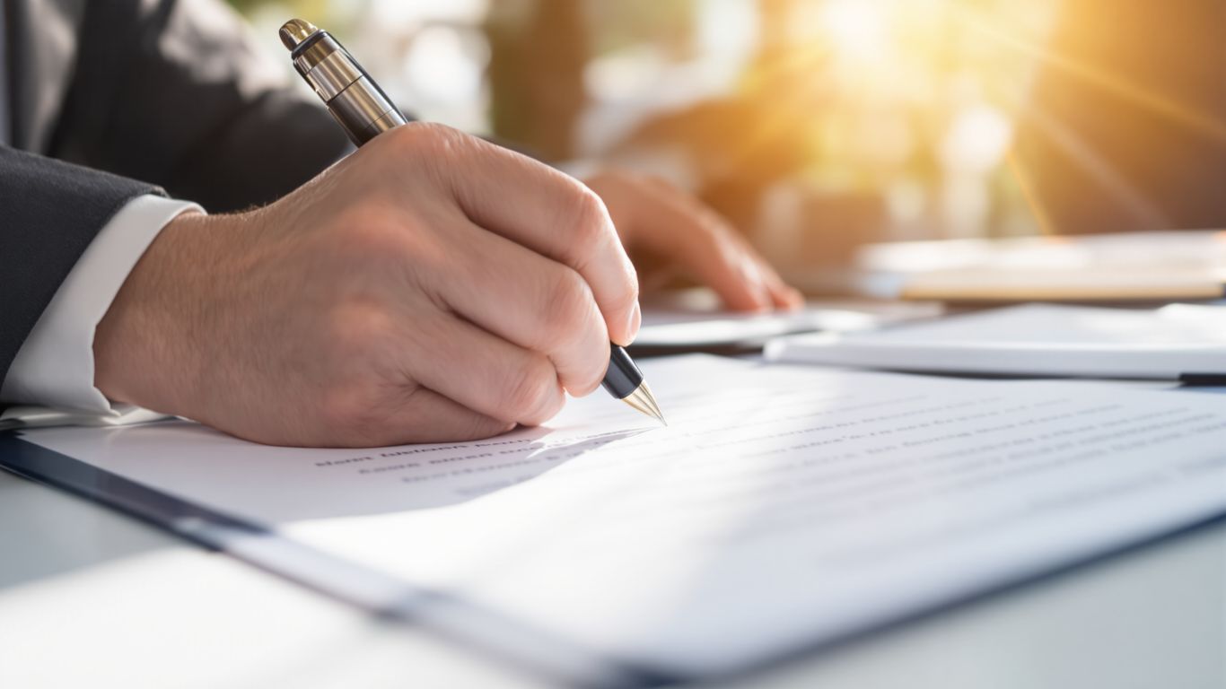 Hands signing a legal document.