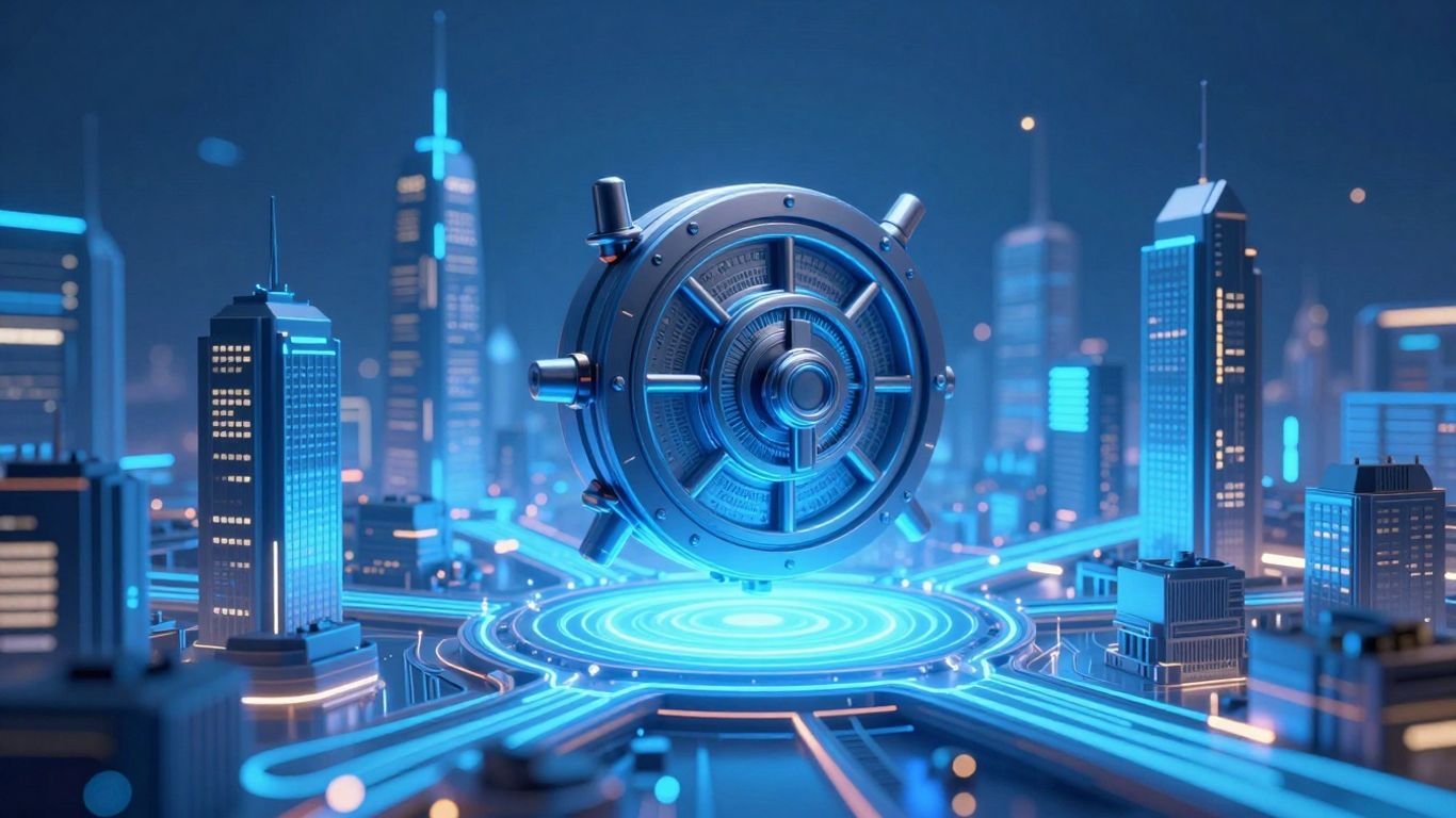 Futuristic cityscape with secure digital vault.