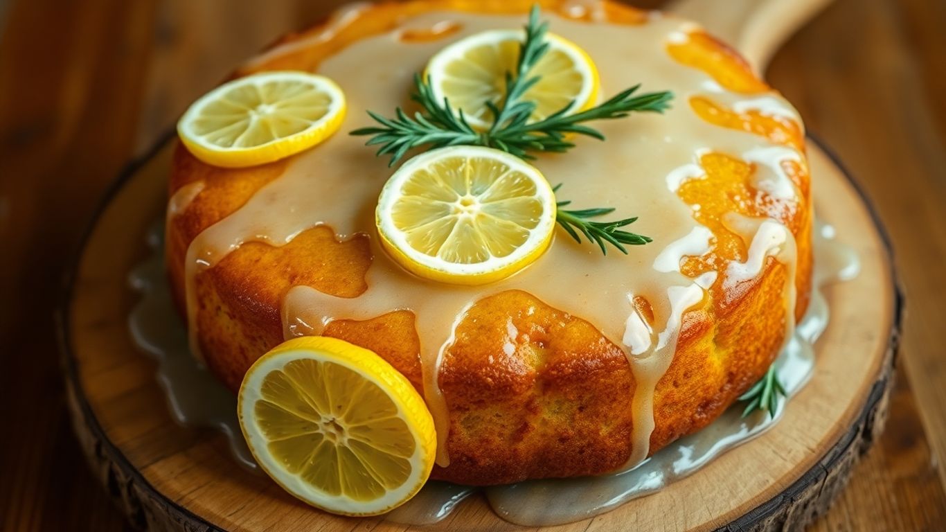 Lemon olive oil cake with glaze and fresh lemon slices.