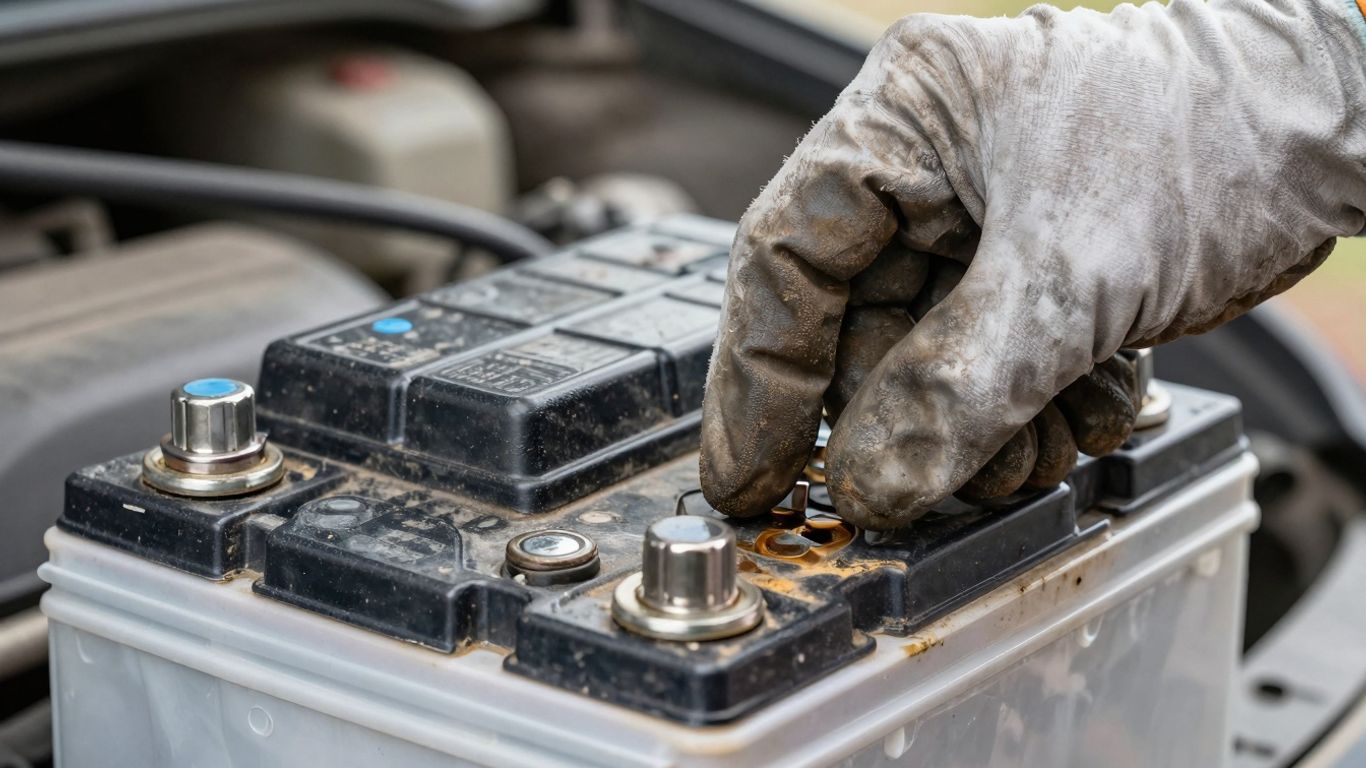 Subaru car battery with corrosion being inspected