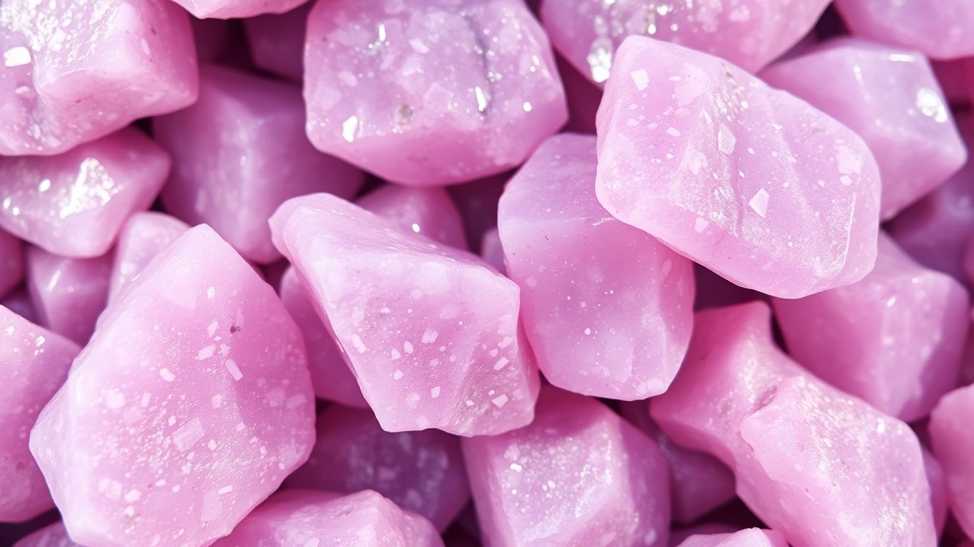 Purple and pink lepidolite stones with mica flecks.