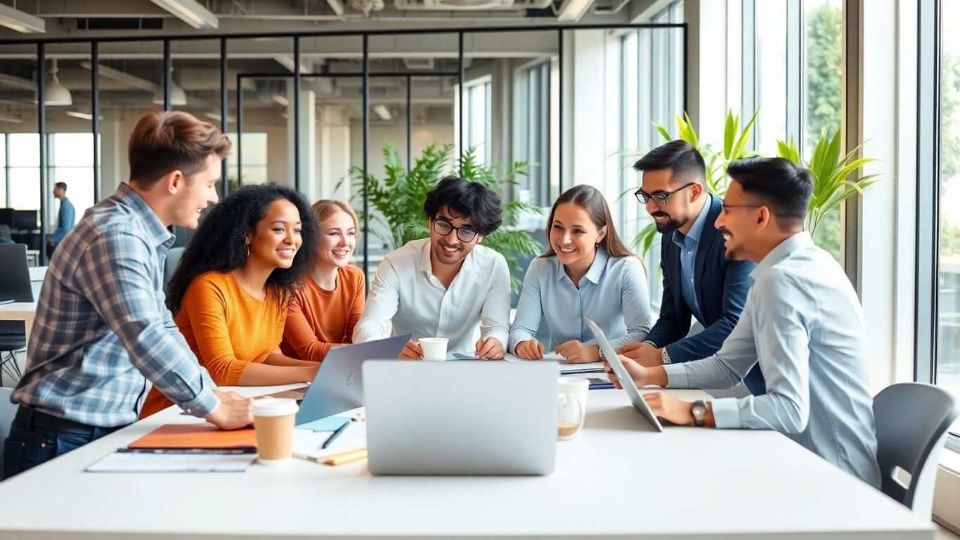 多様なビジネスパーソンが会議するオフィスの写真