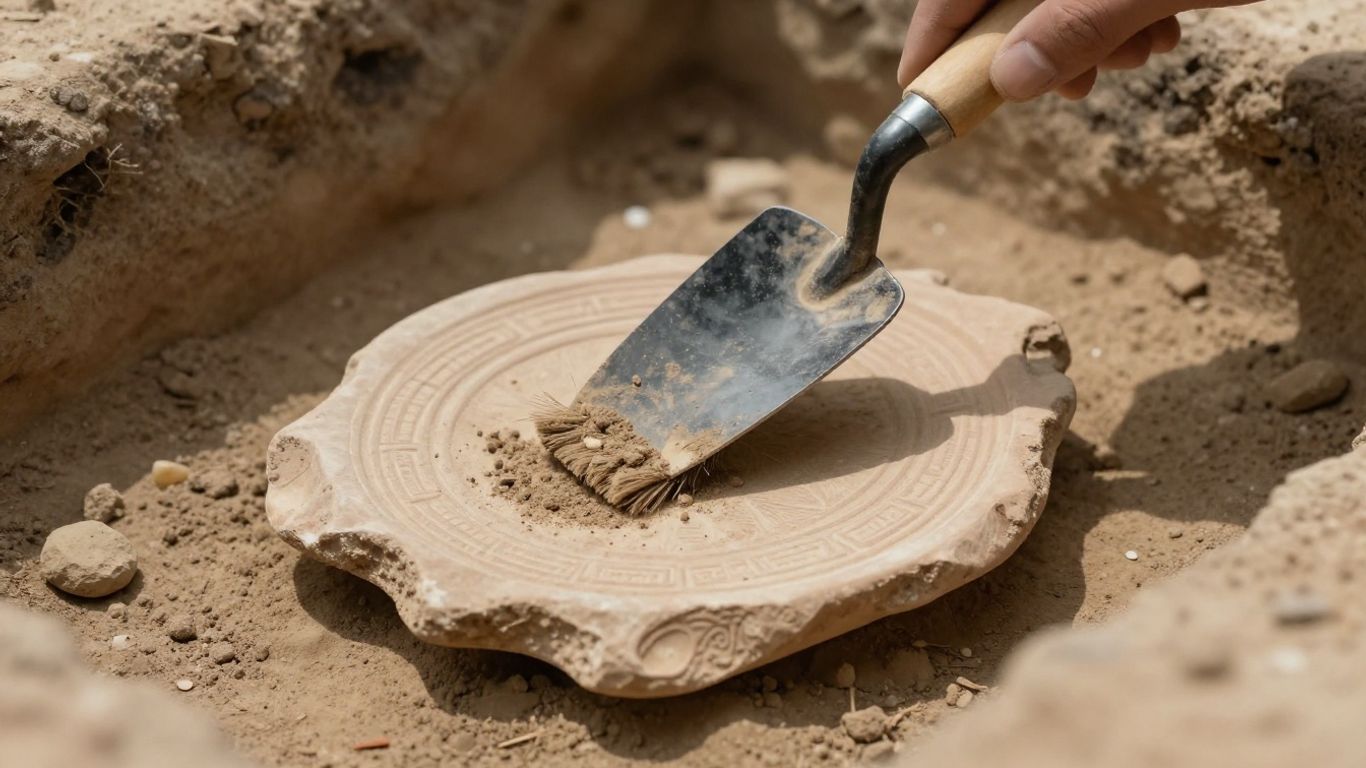 Archaeologist unearthing ancient pottery shard with intricate patterns.