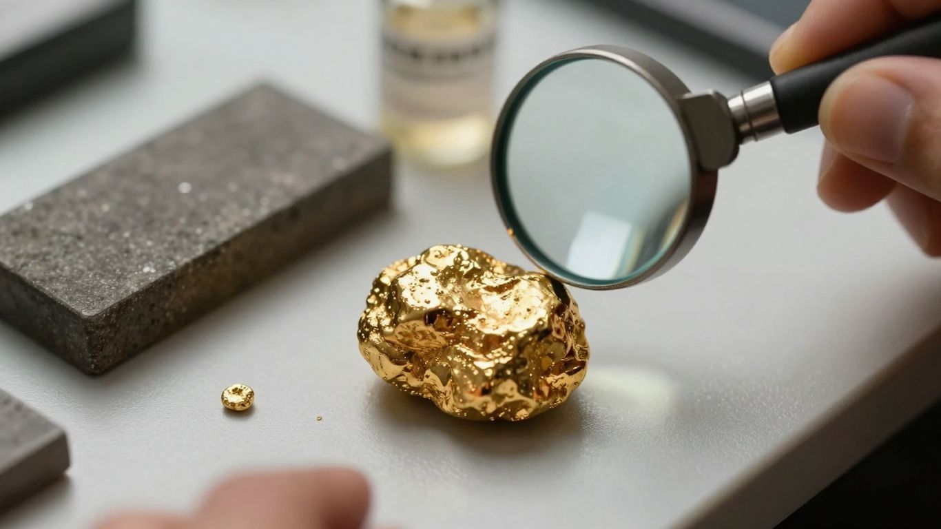 用放大鏡檢測石頭上的黃金含量。