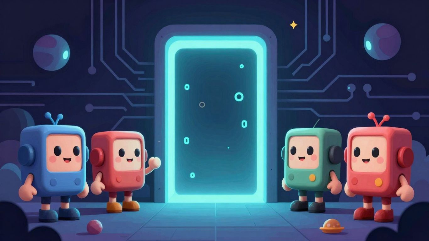 Nostalgic AI characters in a futuristic, game-like setting.