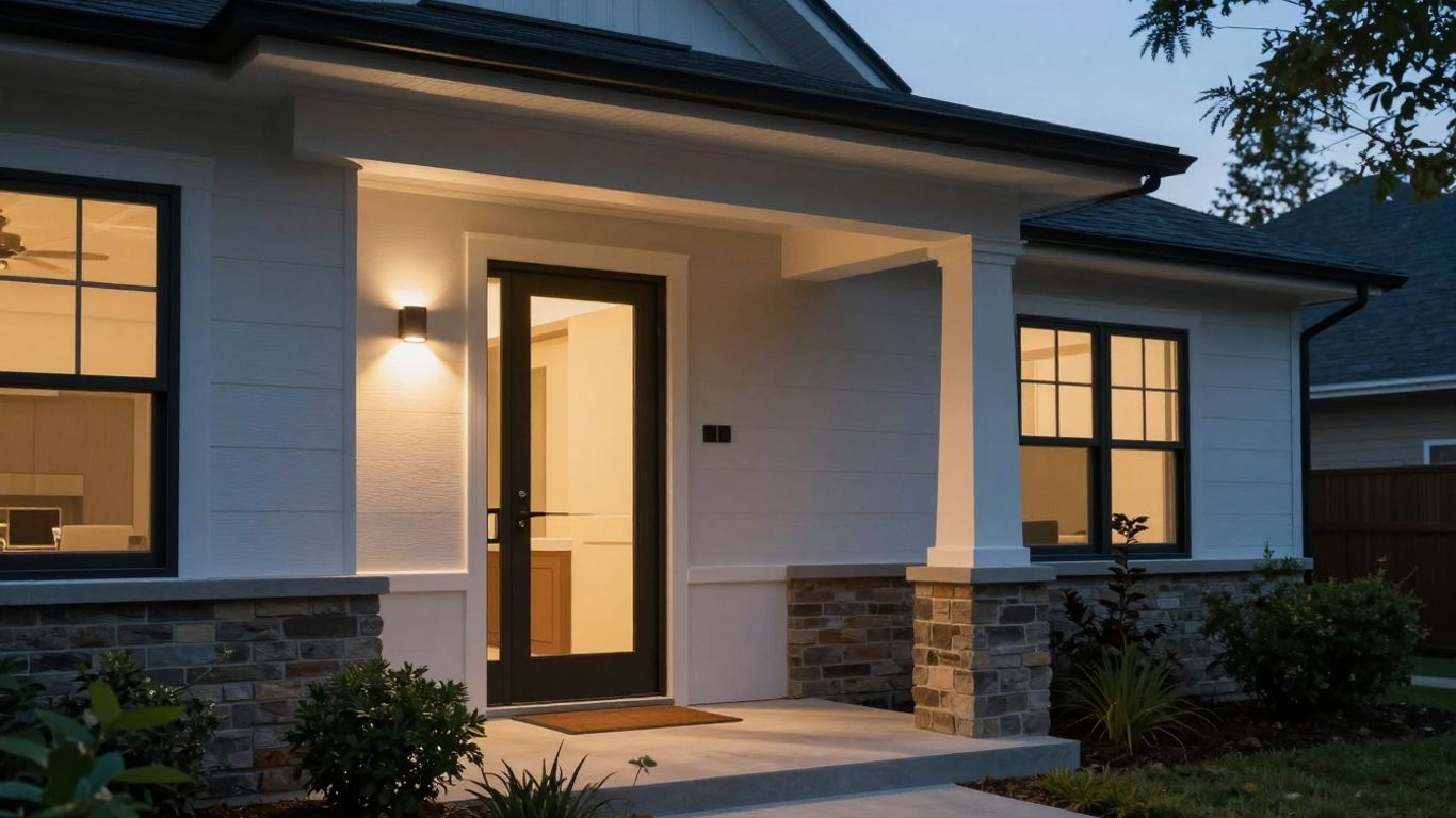 Modern porch with illuminated external wall light