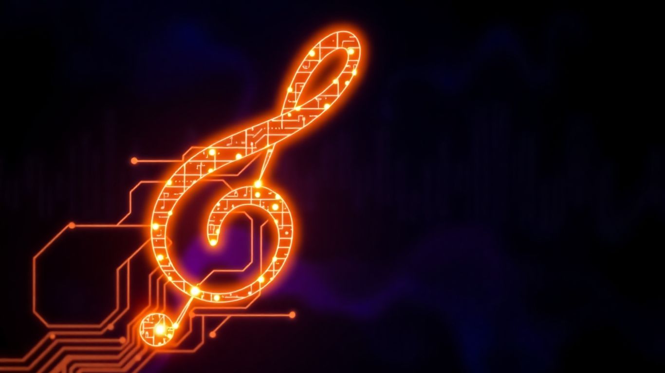 Treble clef merging with digital circuit board and sound waves.