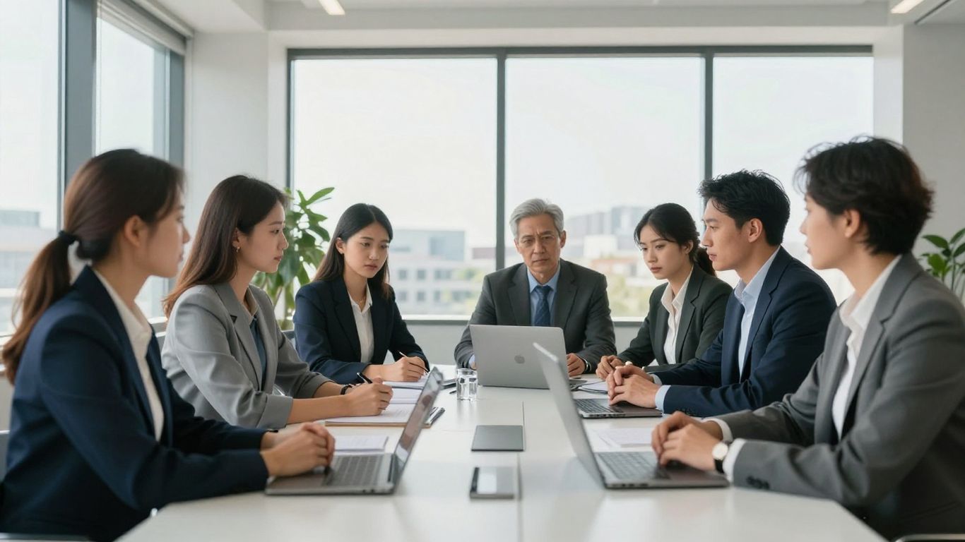 Business professionals discussing corporate compliance in an office.