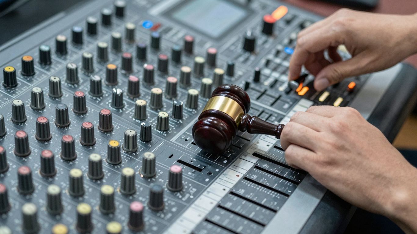 Producer at mixing board with a gavel.