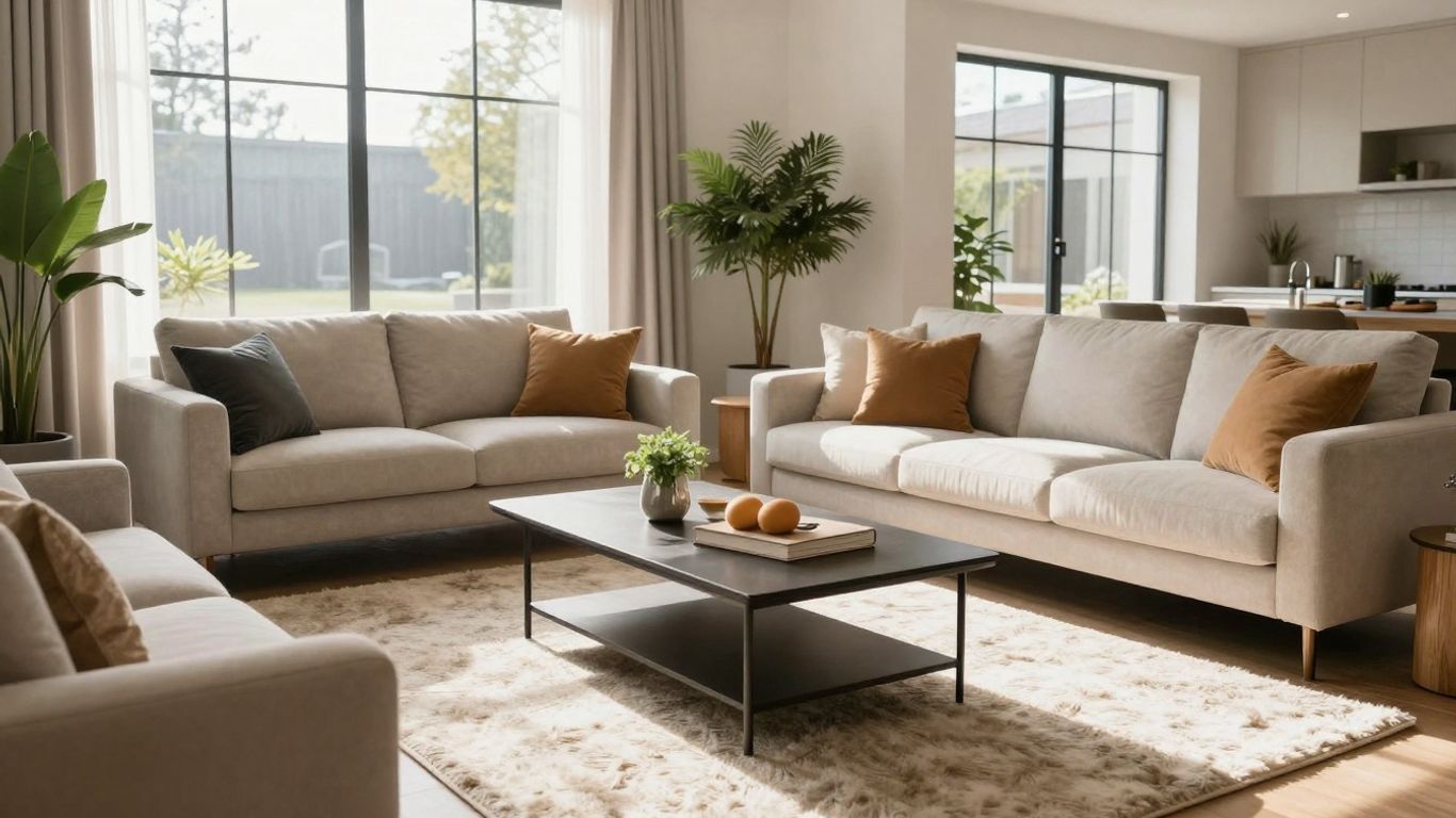 Stylish living room with furniture for Airbnb.