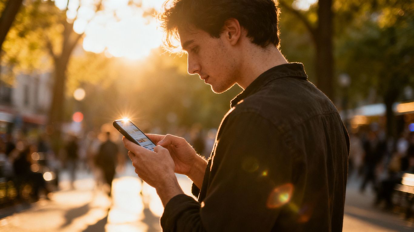 Person using smartphone outdoors, learning on the go.