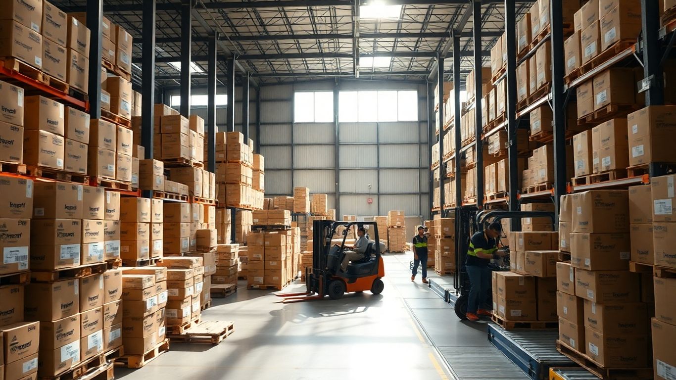 ShipMonk warehouse operations with boxes and forklifts.