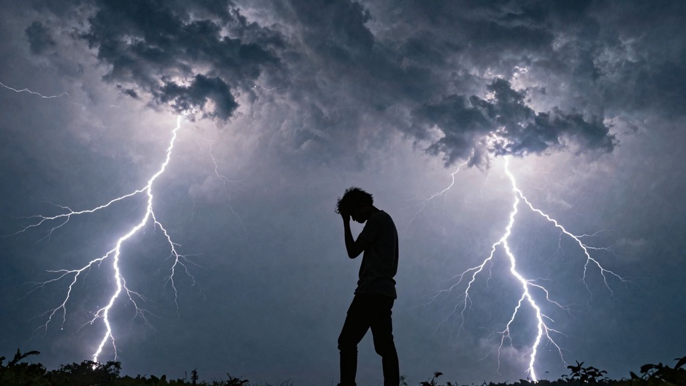 Figure against stormy sky, symbolizing PTSD.