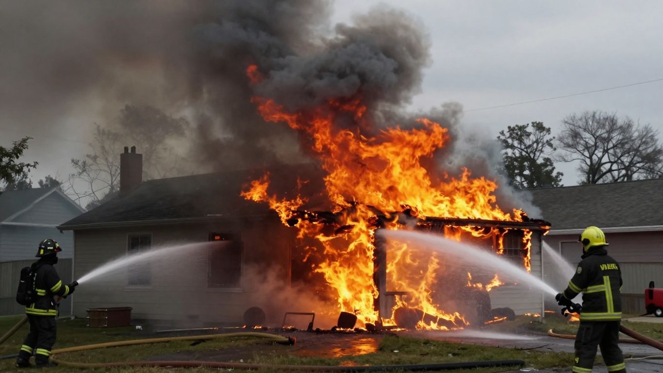 Casa en llamas con bomberos extinguiendo el fuego.