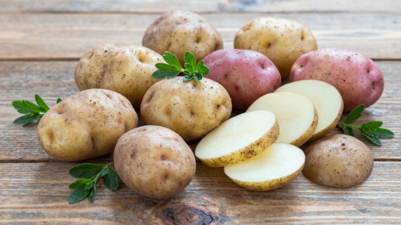 Biologische aardappelen op een rustieke tafel met kruiden.