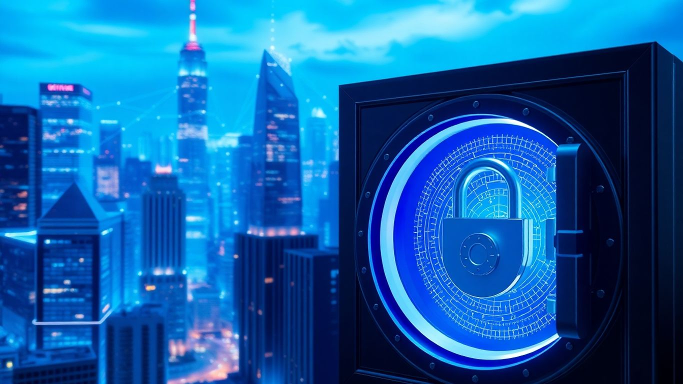 Futuristic cityscape with secure digital vault.