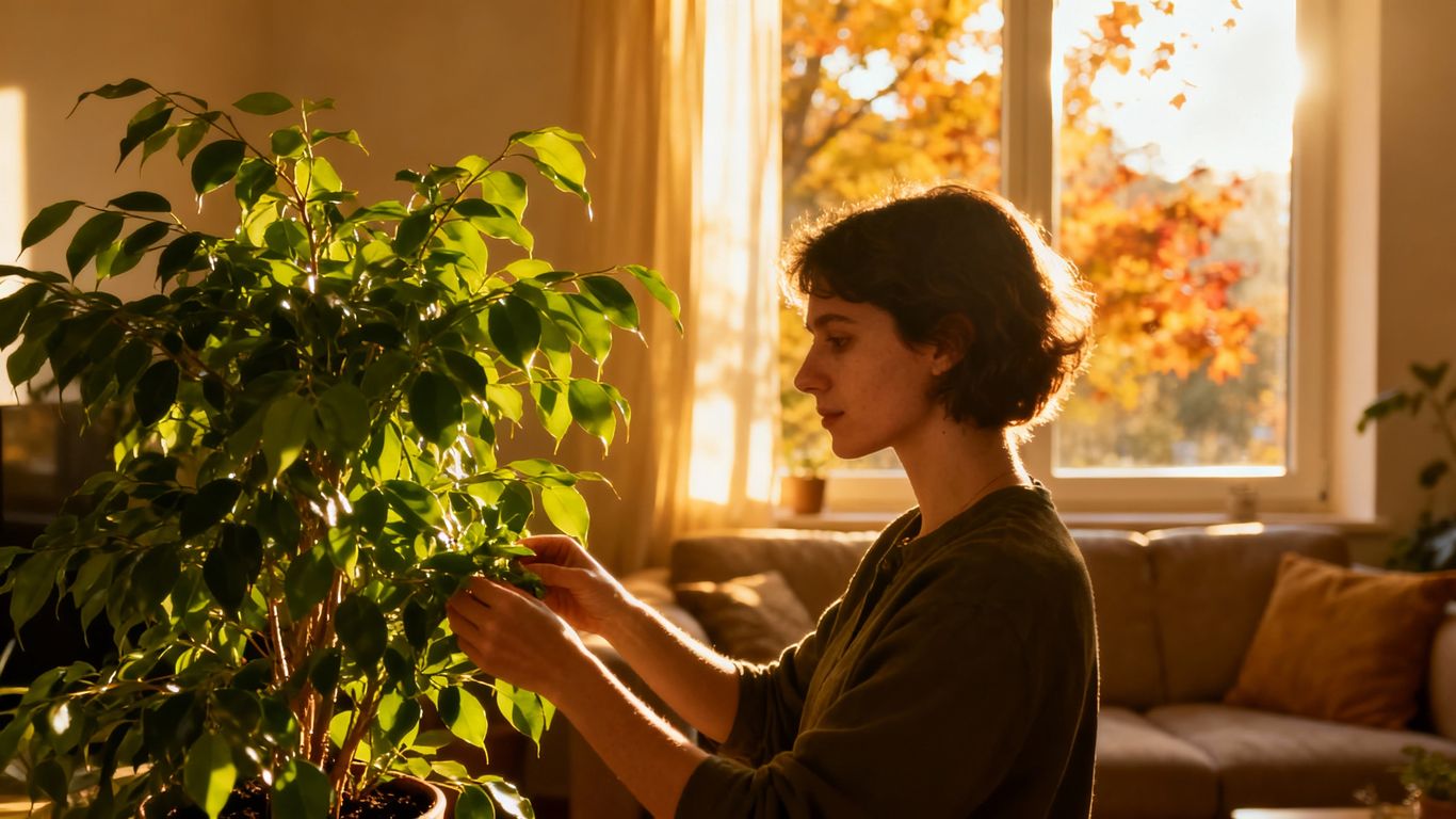 Cozy living room with sunlight and a houseplant.