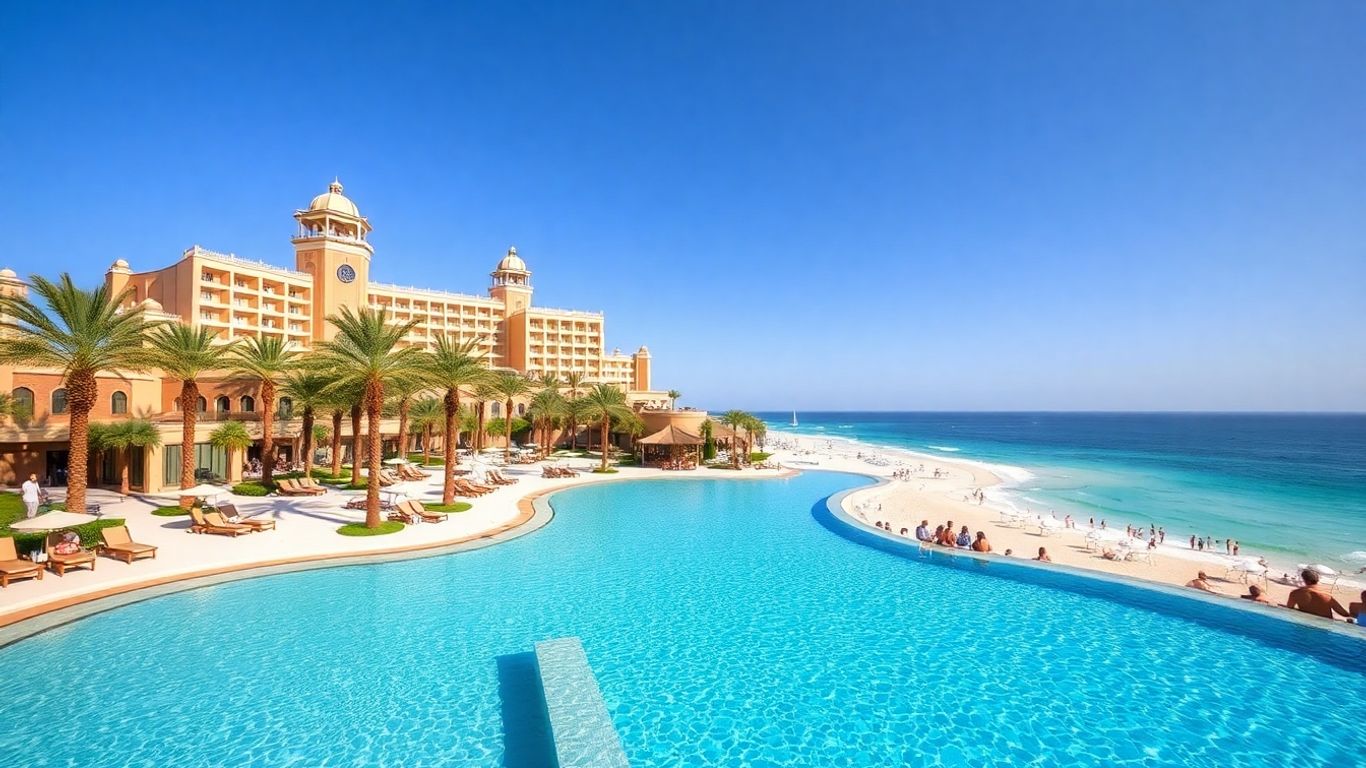 Luxury Dubai resort with beach, pool, and palm trees.