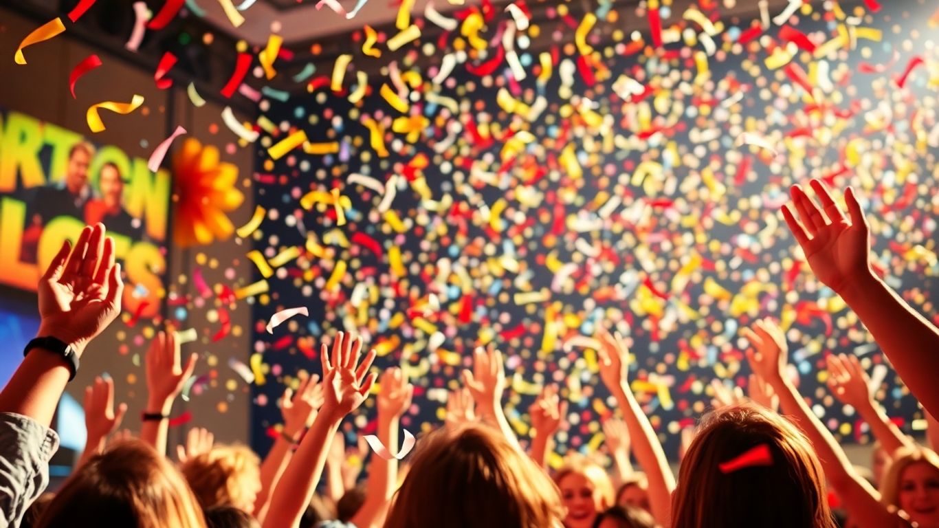 Exciting contest with confetti and cheering crowd.