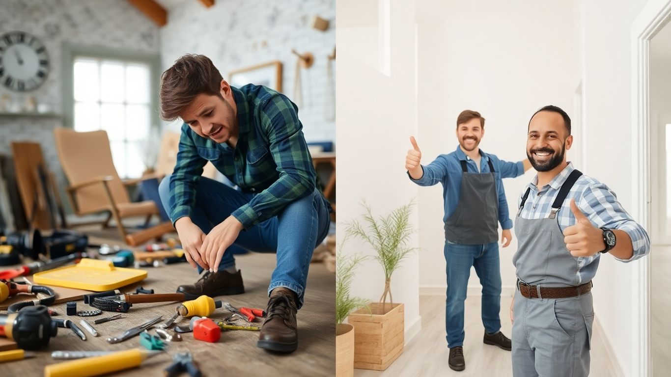 Professional home repair versus DIY struggle.