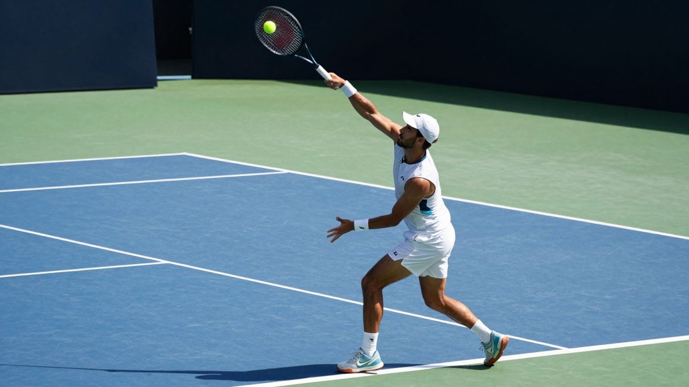 Jucător de tenis în acțiune pe terenul de tenis.