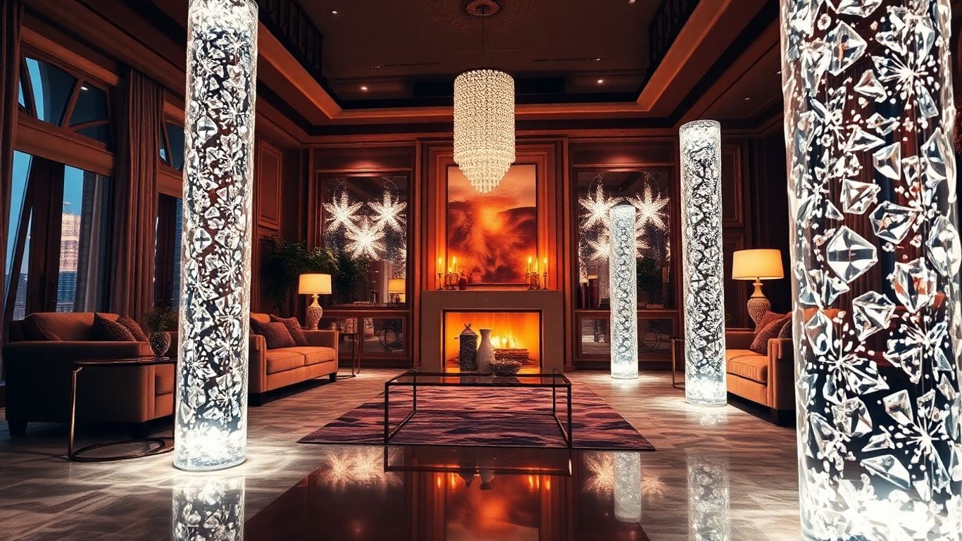 Crystal floor lights illuminating a luxurious living room.