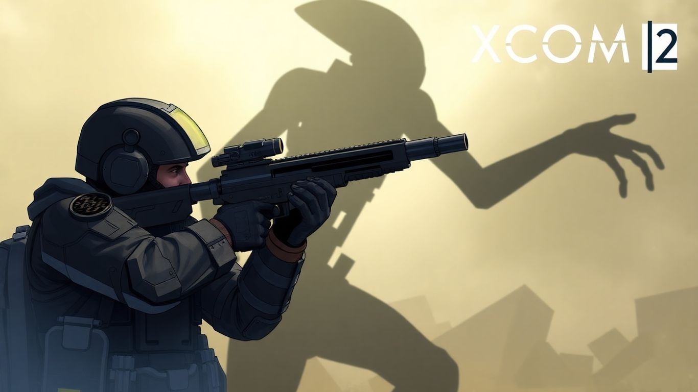 XCOM 2 soldier aiming weapon, alien in background