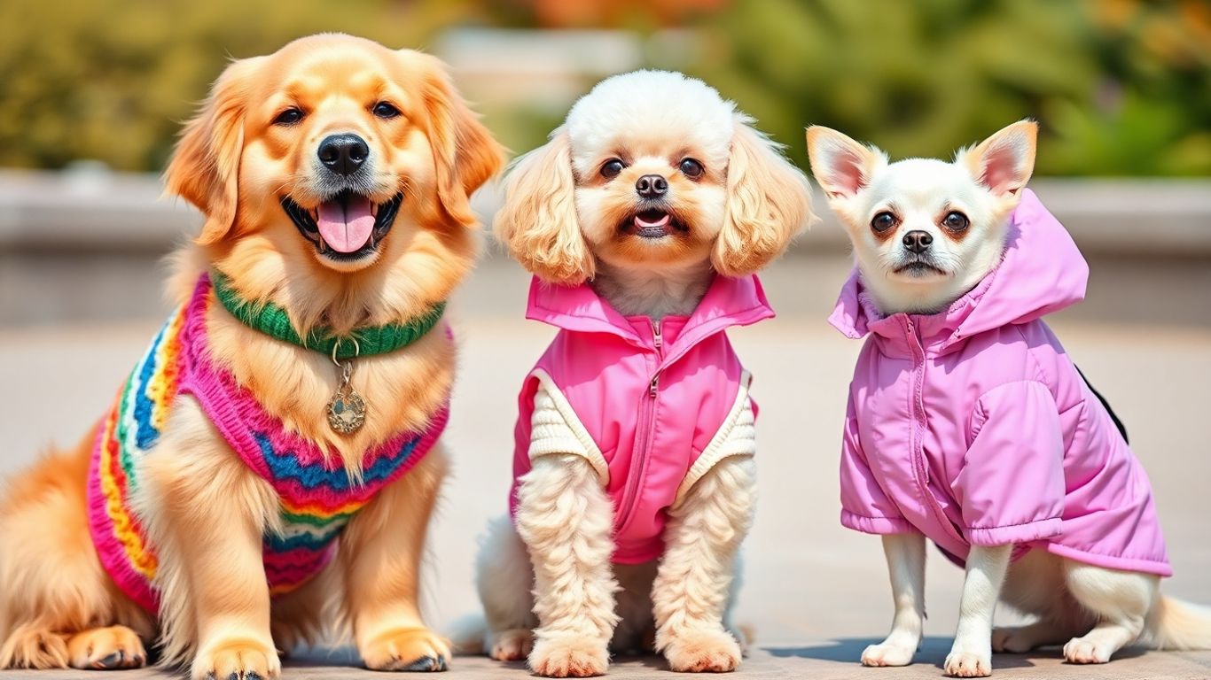 Dogs wearing various stylish seasonal dog clothes.