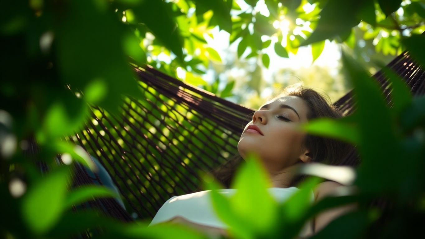 Person relaxing peacefully in a hammock outdoors.