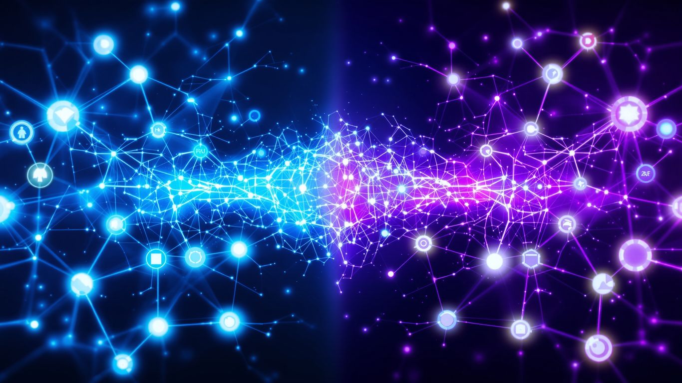 Glowing neural network with blue and purple energy streams.