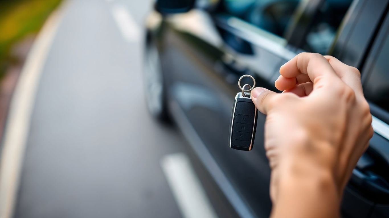 Person with car key considering vehicle and paperwork.