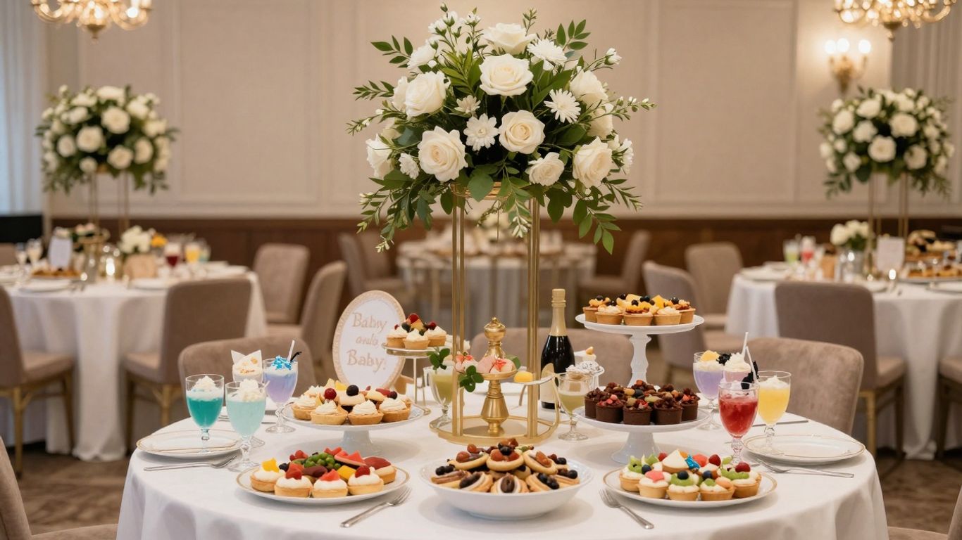 Elegant baby shower venue with decorations and food in Dallas.