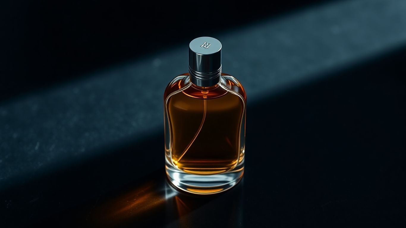 Elegant perfume bottle with amber gradient glass.