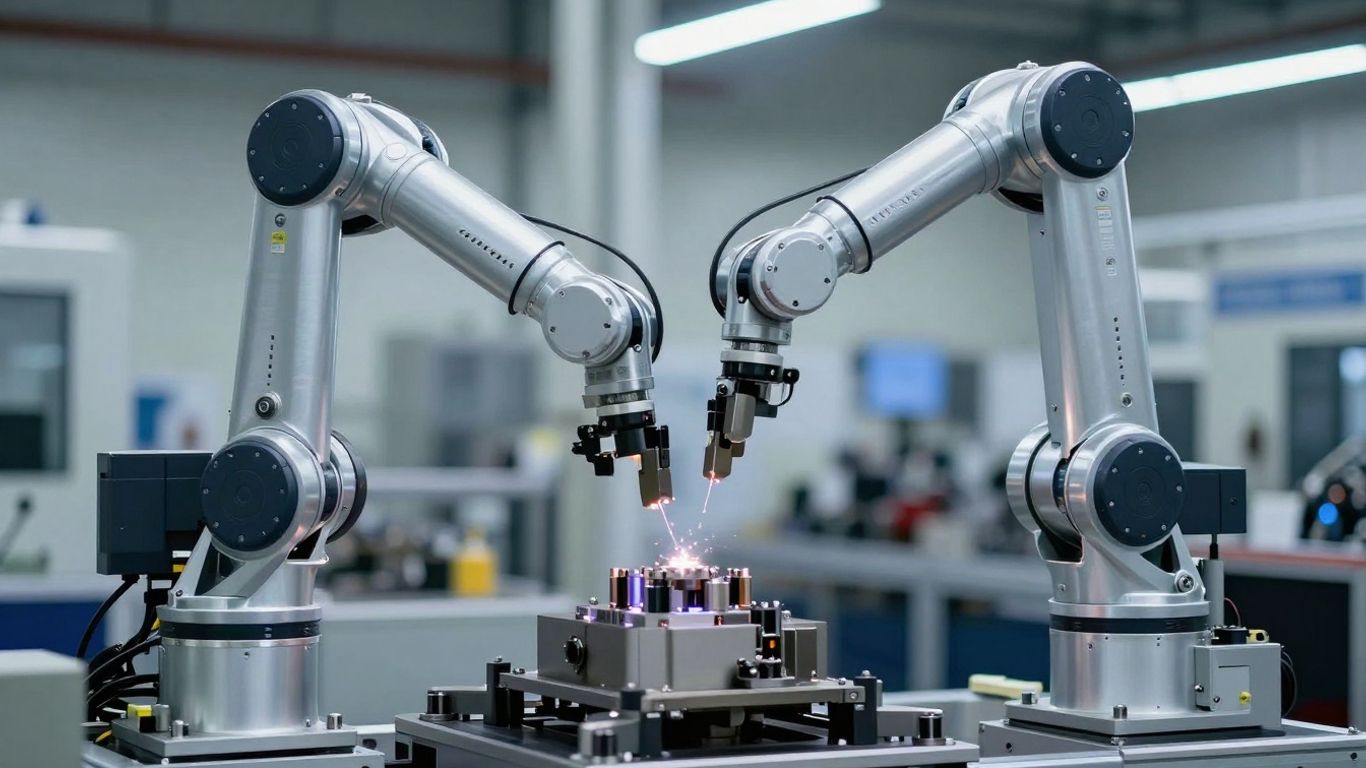 Braț robotic lucrând într-o fabrică modernă.