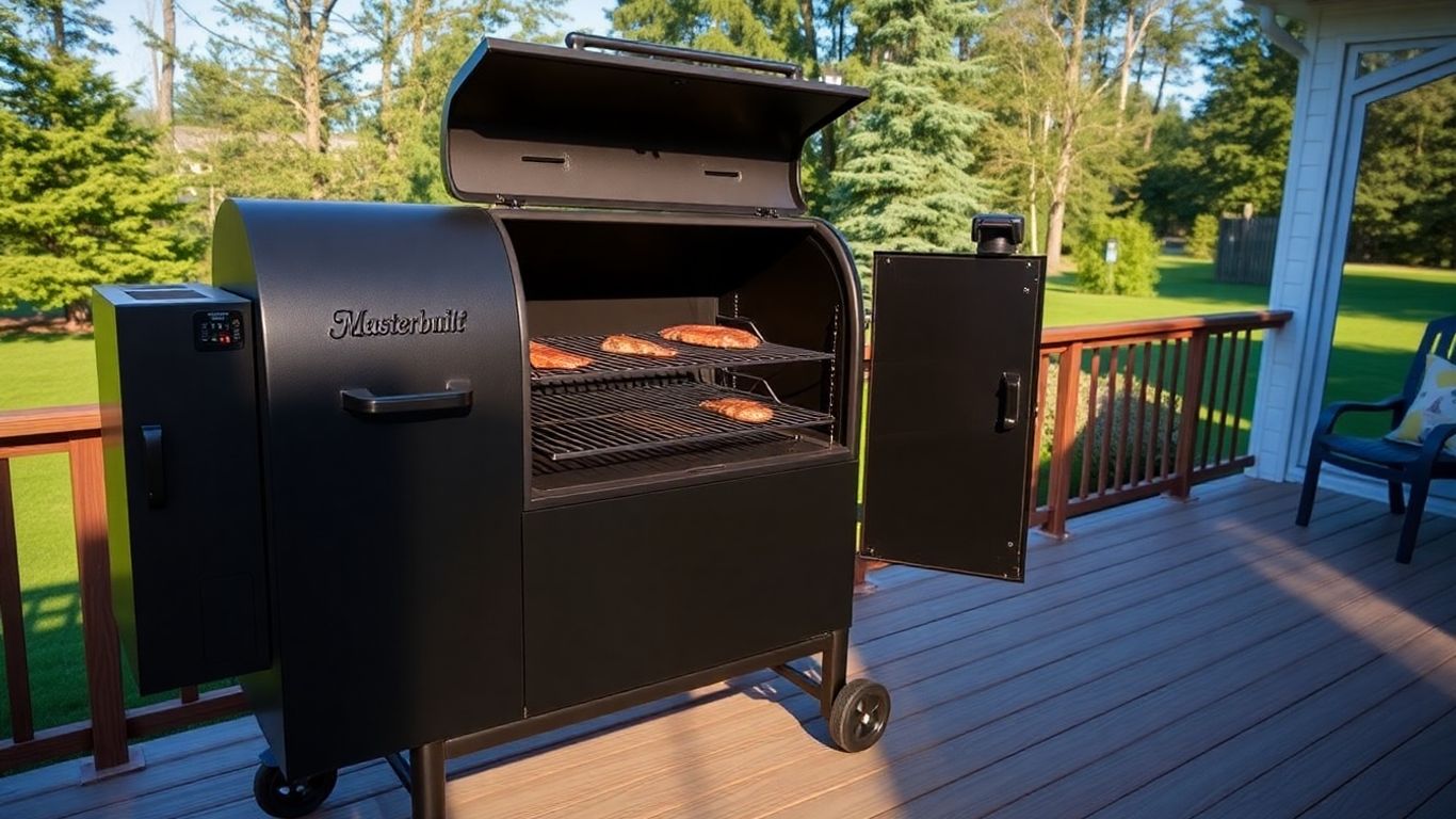 Masterbuilt propane smoker with food on a backyard deck
