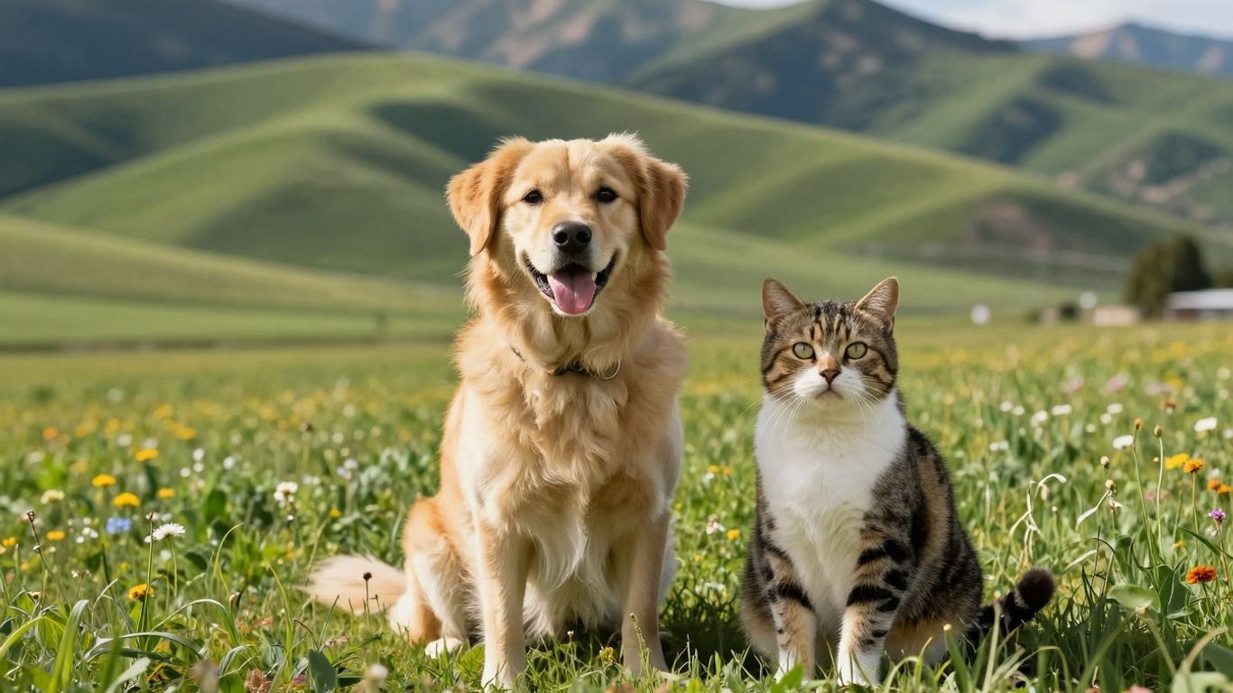 Dog and cat in Idaho meadow with mountains.